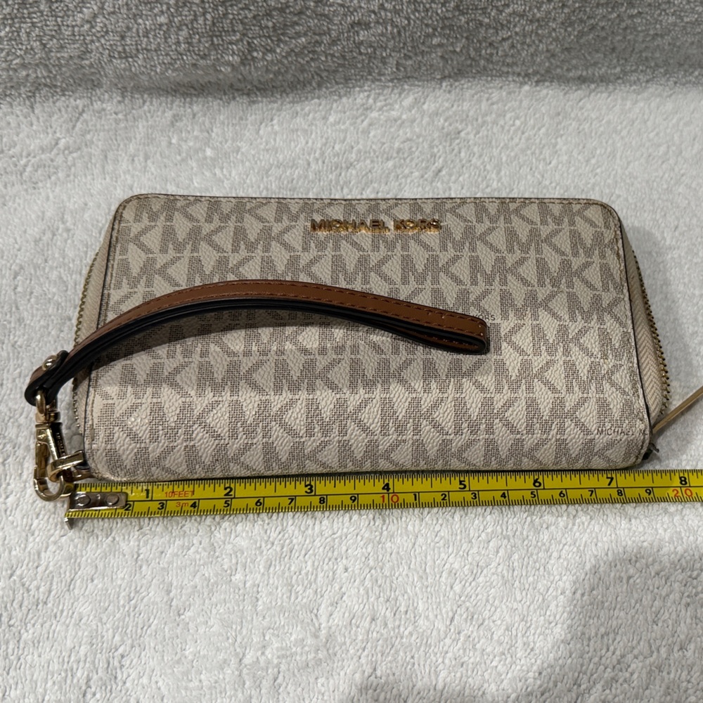 Michael Kors Beige Monogram Zip Wristlet with Brown Strap